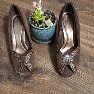 Cole Haan Brown Leather Suede Peep Toe Wedge